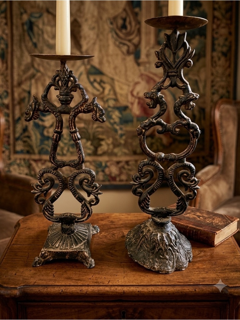 Pair of antique-style cast iron candle holders